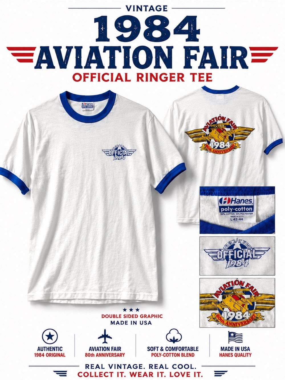 Vintage 1984 Aviation Fair Ringer Tee USA Hanes Double Sided 80th Anniversary L